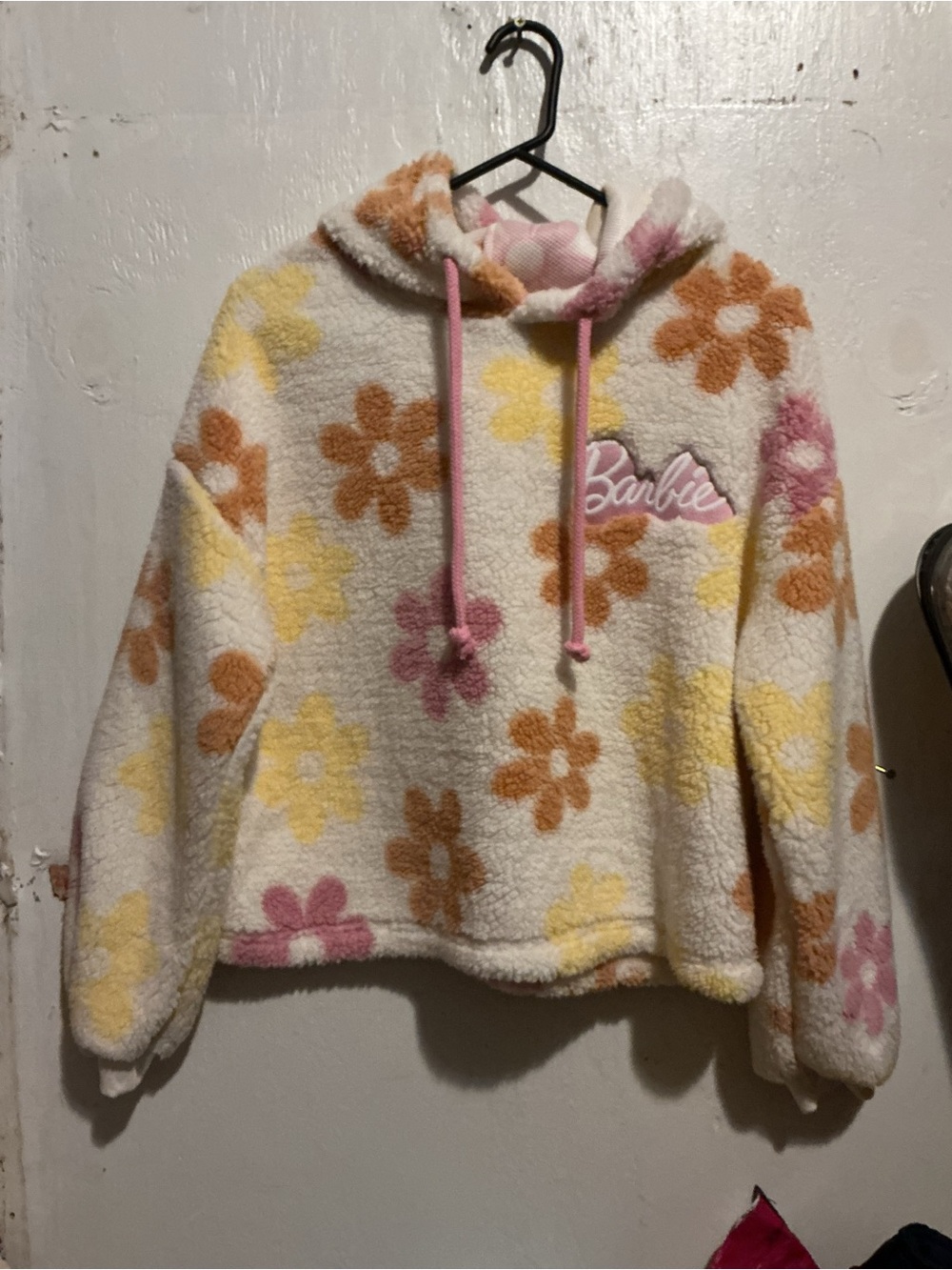 Barbie Cream Sherpa Hoodie with Pink, Yellow & Orange Floral Print